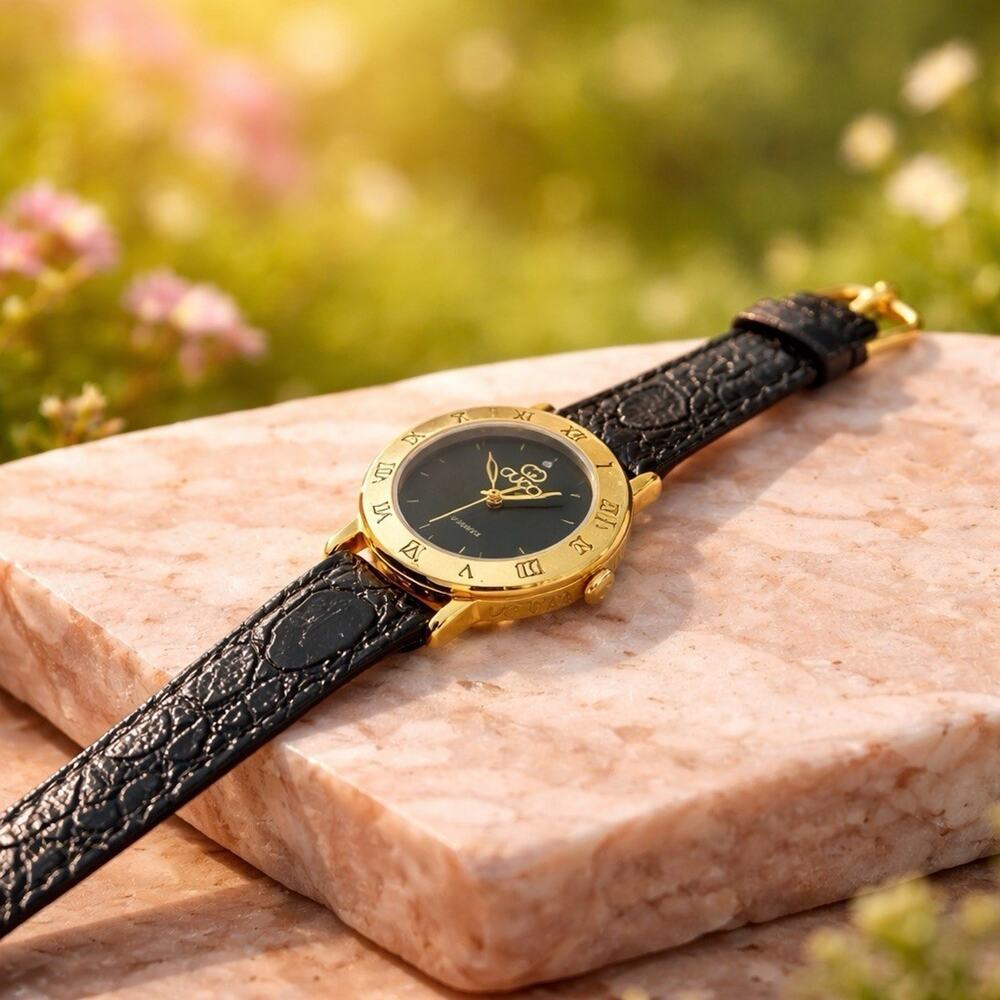 Gucci Diamond 3000L Gold PL Black Leather women watch Vintage - Picture 10 of 16